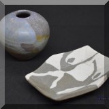P59. Pair of Studio pottery vase and dish. Vase: 2.5”h x 2.5”w. Dish: 3.5” x 3” - $$8 each 